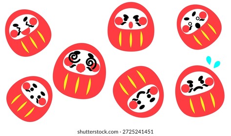 Um conjunto de ilustrações de emoção de daruma bonito com expressões problemáticas e preocupadas.