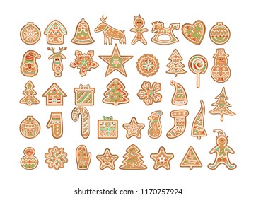 Set of cute decorated christmas cookies. Traditional holiday dessert. Colorful gingerbread. Isolated vector illustration