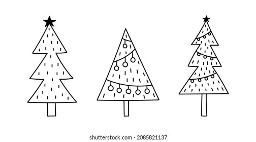 Set of cute decorated Christmas trees isolated on white background. Vector hand-drawn illustration in doodle style. Perfect for holiday designs, cards, decorations, logo, invitations.