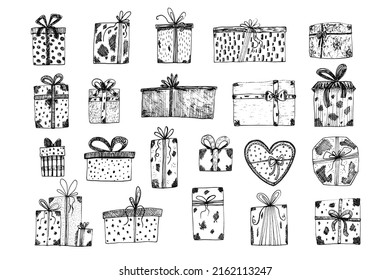 Set of cute decorated doodle hand drawn black vector gift boxes for Christmas and birthday design. Funny sketch present gifts for print, stickers, patterns, greeting card decoration