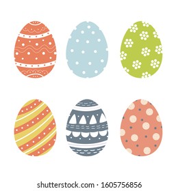 Set of cute decorated Easter eggs isolated on white background. Collection of symbols of religious holiday covered with different patterns - dots, flowers, stripes. Holiday flat illustration