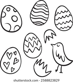 set of cute decorated easter eggs with different patterns and chick. hand drawn easter doodles.