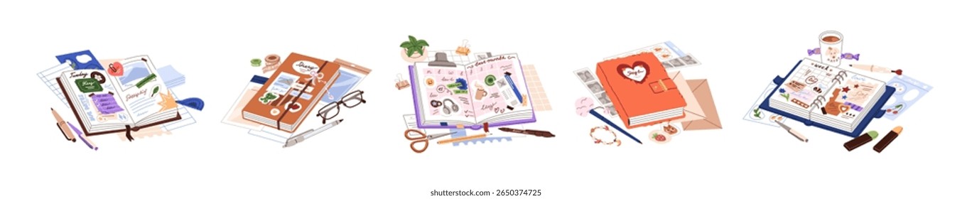 Conjunto de diários pessoais decorados bonitos. Notebooks com adesivos, calendário para planejamento. Livros de notas, organizadores com artigos de papelaria, canetas, lápis. Ilustrações de vetor isoladas planas sobre fundo branco
