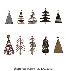 A set of cute decorative Christmas trees. Stylized vector vintage illustration.