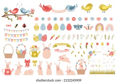 Un conjunto de adorables elementos decorativos para Semana Santa y primavera. Flores, pájaros, huevos, conejitos de Pascua, arcos de lluvia. Colección de elementos decorativos de dibujos animados. Ilustración del vector aislada en un fondo blanco