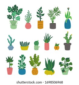 Set of cute decorative house plants isolated on a white background. Urban jungle. Home gardening. Collection of trendy indoor plants growing in pots or planters. Vector illustration.