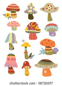 Set of cute, decorative mushrooms with various shapes.