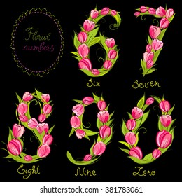 Set of cute decorative numbers, made with tulips, vector illustration, part of collection
