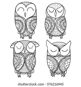 Set of cute decorative ornamental Owl. Vector doodle illustration