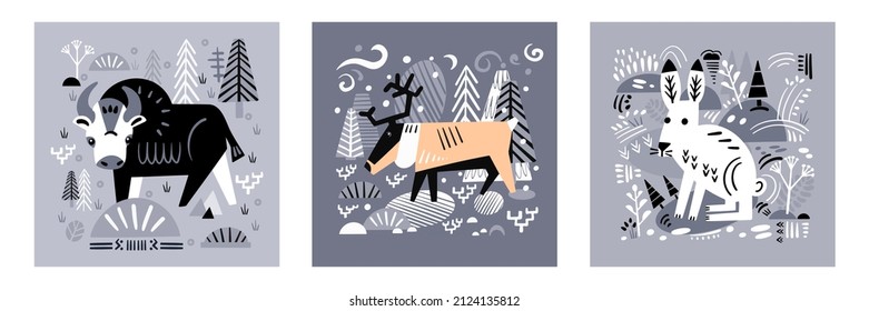 Set cute decorative pictures with animals and forest elements. Scandinavian handmade patterns. Vector illustration.