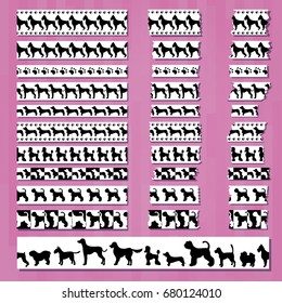 Set of cute decorative tapes with black silhouettes of dogs and paws. Different breeds. Good for decoupage, handmade, scrapbooking, wrapping, greeting cards. Vector.