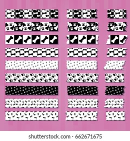 Set of cute decorative tapes of doggish style. Paws and bones. Collection of different strips ans scotches. Good for scrapbooking, craft, handmade. Vector. 