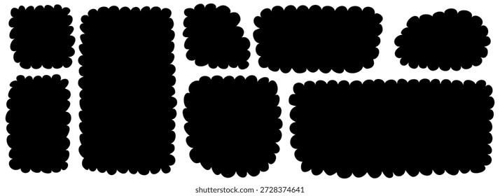 Set of cute decorative vector tags and frames. Features starburst, circle, and rectangle shapes with scalloped, wavy, and sawtooth edges. Isolated illustration on white background.
