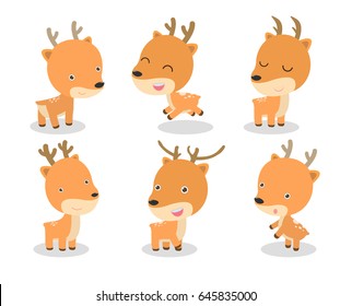 set of cute deer cartoon on white background. Vector illustration