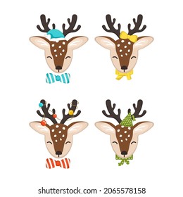 Set of cute deer in children style with holiday decorations for New Year and Christmas. Festive funny animals with caps and bows. Vector flat illustration