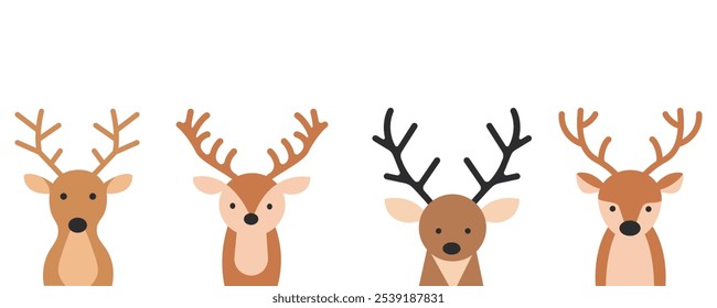 A set of cute deer faces. On a white background.