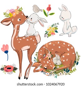 set with cute deer and hares