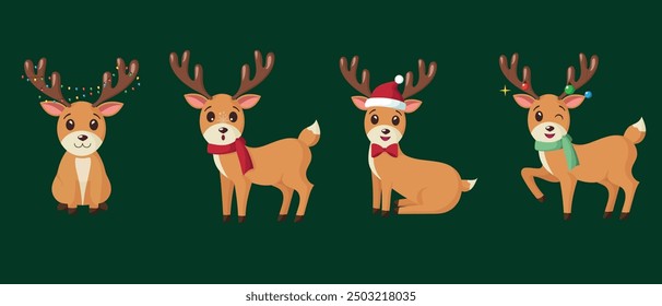 Set of cute deer. Reindeer in winter clothes and decor. Winter season festive animals pack isolated on white background. Vector illustration