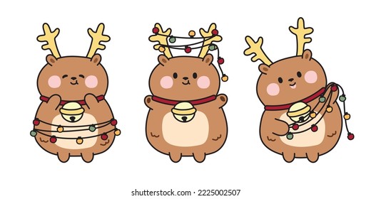 Set of cute deer in various poses with christmas light cartoon hand drawn.Animal character design collection.New year festivaal.Winter.Isolated.Kawaii.Vector.Illustration.