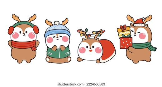 Conjunto de ciervos adorables en varias poses. Concepto animal en invierno. Feliz navidad y feliz festival de año nuevo. Colección de dibujos animados de personajes. Dibujo a mano. Kawaii.Vector.Ilustración.