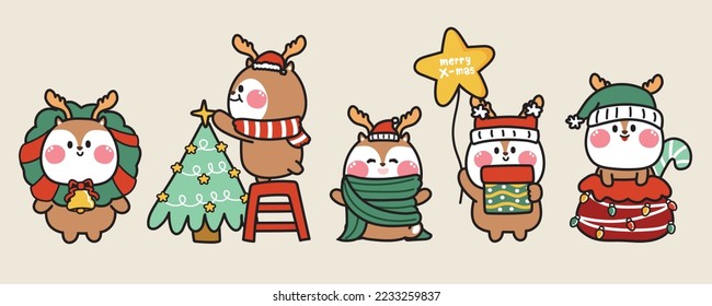 Set of cute deer wear santa hat in various poses.Merry christmas concept.Winter.New year festival.Animal cartoon character design collection.Kawaii.Vector.Illustration.