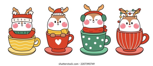 Set of cute deer wear winter clothing in various poses cartoon.Merry christmas.Animal character design.New year.Festival.Happy holiday.Kawaii.Vector.Illustration.