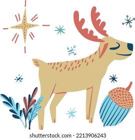 Set mit süßer Reh-Winterzeitgrafik einzeln auf Weiß