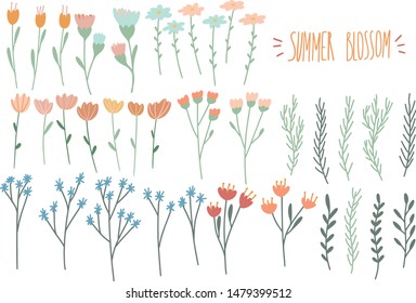 Set of cute defferent flowers and plants. Summer blossom hand lettering. Cartoon style hand drawn vector illustration