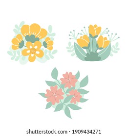 Conjunto de delicados arreglos florales, ramos. Decoración para invitaciones de boda y tarjetas. Ilustración de la mano del vector aislada en fondo blanco