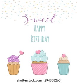 Set with cute and delicious cupcakes. Cartoon cupcakes for the invitation, registration party, wedding.Happy birthday card.