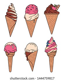 Set of cute delicious looking cartoon ice cream cones, vector illustration set