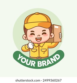 set Cute Delivery courier chibi kawaii character mascot design restaurant shop logo illustration outline style