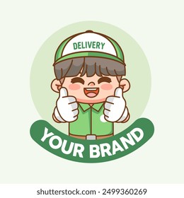 set Cute Delivery courier chibi kawaii character mascot design restaurant shop logo illustration outline style