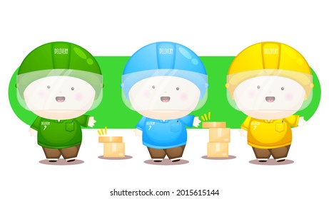 Set of cute delivery man with different multiple costume Premium Vector