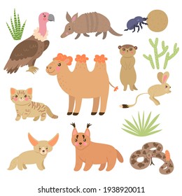 Conjunto de lindos animales del desierto aislados en un fondo blanco. Gráficos vectoriales.