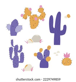 Set with cute desert cactuses in flat style, hand drawn vector illustration, isolated on white background