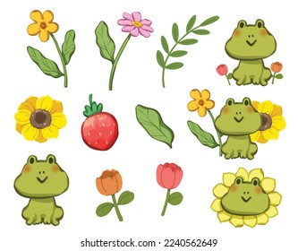 Set of cute design element cartoon on a white background, cartoon illustration of flower, leaf, strawberry, and little green frog. Digital download, Vector image,