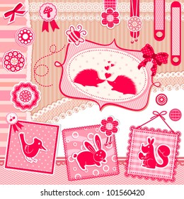 set of cute design elements with animals and vintage style decorations