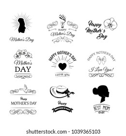 A set of cute design elements for Mother s Day. Vector illustration. Heartd, flowers, bows, swirls and beams.