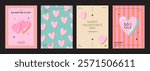 Set of cute design templates for Valentines day, Love card, banner, poster, sale promotion, cover, invitation, backgrounds. Trendy minimalist with heart shapes and typography. Vector illustration.
