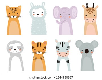 Set of cute designer animals on white background. Vector illustration for printing on fabric, postcard, wrapping paper, book, picture, Wallpaper. Cute baby background.  - Shutterstock ID 1544930867