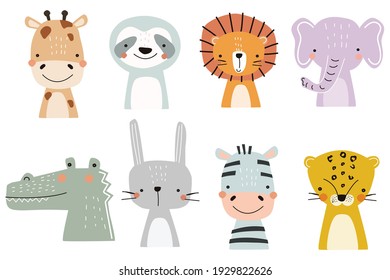 Set of cute designer animals on white background. Vector illustration for printing on fabric, postcard, wrapping paper, book, picture, Wallpaper. Cute baby background. - Shutterstock ID 1929822626