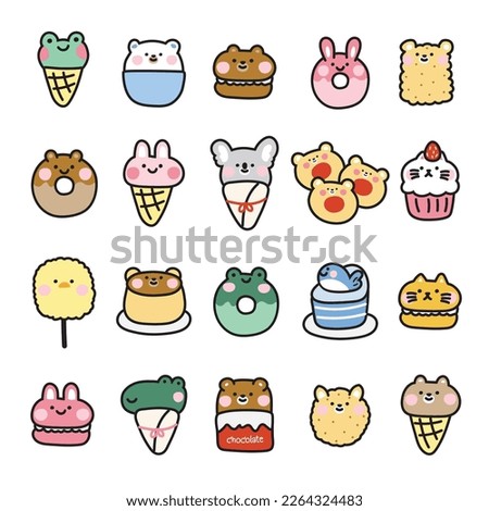 Set of cute dessert in animal shape.Icon collection.Ice cream,donut,cookies,macaron,chocolate hand drawn.Kawaii.Vector.Illustration.