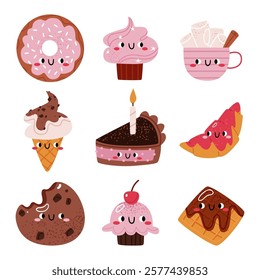 Set of cute dessert characters with faces. Croissant, cocoa, marshmallow, ice cream, cupcake, cake, waffle, cookies, chocolate.