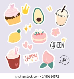Set of cute dessert, fun fruit stickers  ,colorful badges design vector.