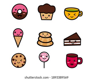 Set of cute dessert icon character. Donut, ice cream, muffin, lollipop, tea, coffee, pancake, choco chips cookies. Flat vector illustration