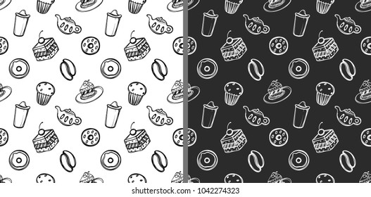 Set of cute dessert stuff in doodle style. Goodies on white and dark background. Cartoon seamless patterns. Linear sketch style illustration. For zentangle book.