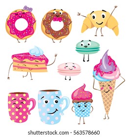 Set of cute desserts. Donuts, muffins, pasta, coffee, tea, cup, cake, ice creams and a croissant. Smiling sweets. Characters.