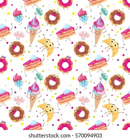 Set of cute desserts. Donuts, muffins, pasta, coffee, tea, cup, cake, ice creams and a croissant. Smiling sweets. Characters.