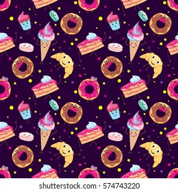 Set of cute desserts. Donuts, muffins, pasta, coffee, tea, cup, cake, ice creams and a croissant. Smiling sweets. Characters.